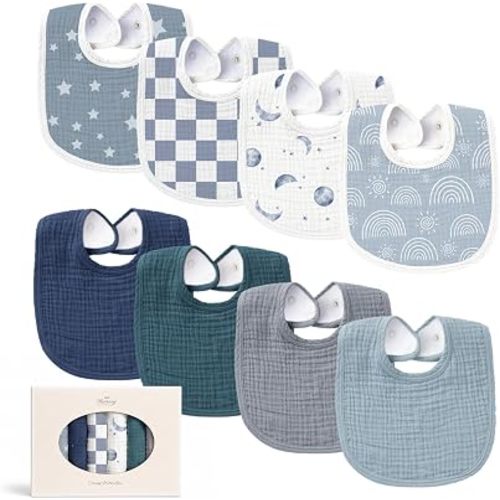 Konssy 8-Pack Muslin Baby Bibs, Adjustable Fit for Drooling and Teething