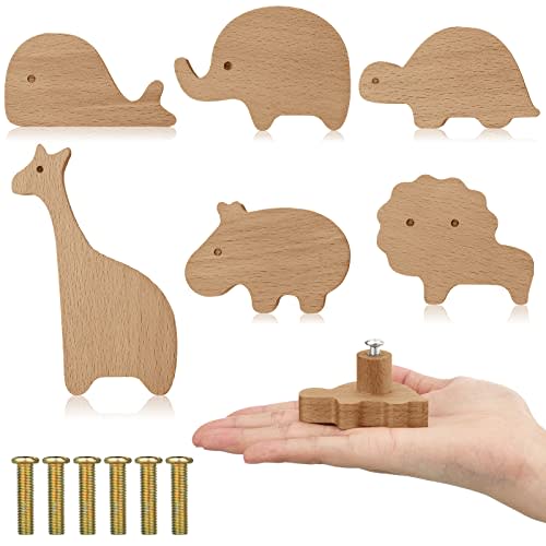 Qunclay 6 Sets Wooden Animal Dresser Knobs Decorative Nursery Wood Drawer Pulls with Screws Furniture Pulls Handles for Nursery Home Bedroom Kitchen Cabinets Hardware Cupboard (Zoo)