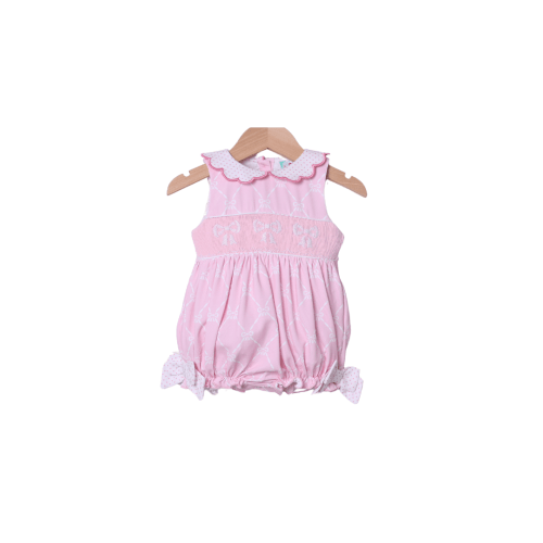 Smocked Bow Pink trellis Knit Bubble