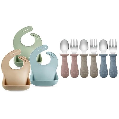 PandaEar Baby Bibs & Toddler Utensils (Blue/Brown/Red)