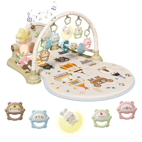 Baby Play Gym Mat - Funny Play Piano Activity Playmat with 5 Infant Learning Detachable Toys for Sensory Development, Music and Lights Tummy Time Mat Newborns Gifts for 0-12 Months