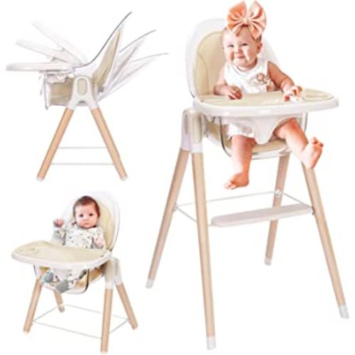 Baby High Chair, 6-in-1 Convertible Wooden High Chair, Recline Chair with Adjustable Hardwood Leg, High Chairs for Babies and Toddlers, Double Dishwasher Safe Tray & Premium Leatherette