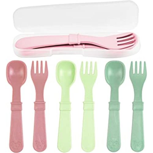 Re Play Made in USA Toddler Forks and Spoons, Pack of 8 With Carrying Case - 4 Kids Forks with Rounded Tips and 4 Deep Scoop Toddler Spoons - 0.2" Thick Toddler Utensils with Case, Desert Roses