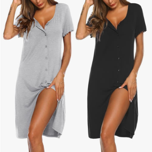 Ekouaer 2 Pack Nightgowns for Women Button Down Night Shirts Short Sleeve Sleep Shirts V Neck Sleepwear Pajama Dress