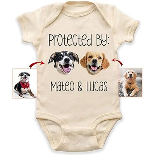 Custom Baby Bodysuit with Pet Portrait, Pregnancy Annoucement Gift, Protected by Onesie, Dog-Themed Onesie, Baby Gifts, Custom Dog and Cat Breeds, Toddler Baby Boy Girl Bodysuit