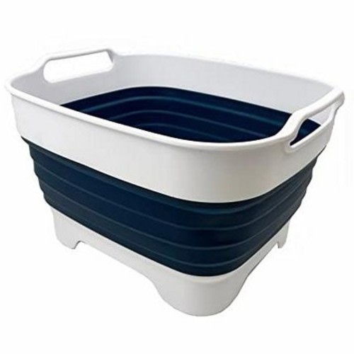 SAMMART 7.5L Collapsible Dishpan with Draining Plug/Washing Basin, White/Indigo