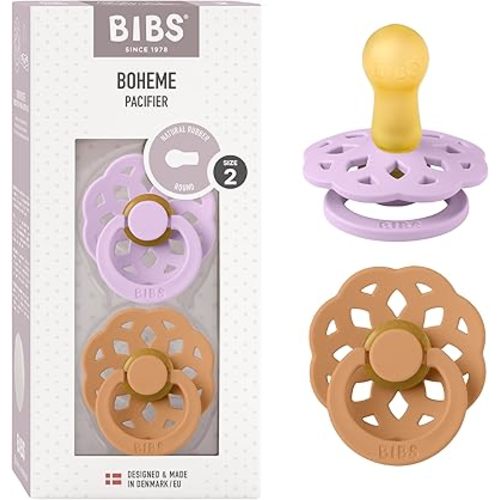 Bibs Pacifiers - Boheme Collection | BPA-Free Round Nipple | Nautral Rubber Latex | Made in Denmark | Set of 2 Violet Sky/Pumpkin Color Premium Soothers | Size 6-18 Months