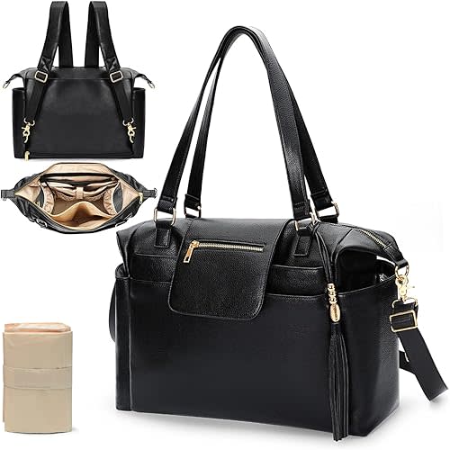 Diaper Bag Tote Leather Diaper Bag Backpack Large Tote Diaper Bag for Baby Girls & Boys 14 Diaper Bag Organizing Pouches,Changing Pad,Crossbody Straps,4 Insulated Pockets,Black