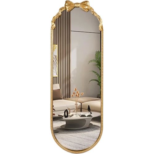 Oval Full Length Mirror, 16"x47" Gold Bow Metal Beaded Frame Large Hanging Dressing Floor Mirror for Bedroom, Living Room, Entryway