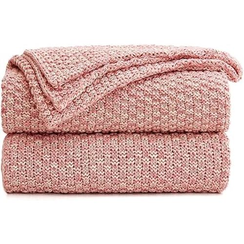 Longhui bedding Dusty Pink Knitted Throw Blanket for Couch, Soft, Cozy Machine Washable 100% Cotton Sofa Knit Blankets, Heavy 2.8lb Weight, 51 x 63 Inches, Pink and White Color, Laundry Bag Included