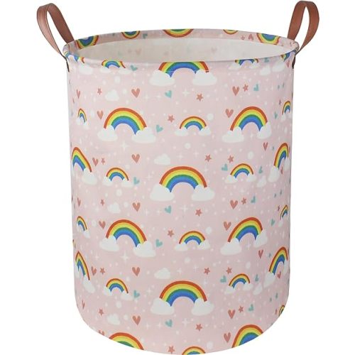 Pink Rainbow Laundry Hamper,Baby Nursery Hamper,Kids Toy Storage Basket for Girls Bedroom,Gift Basket,Room Decor(Rainbow)