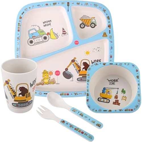 Kids Tableware Set 5 Pcs, Feeding Dinnerware Set for Toddlers Includes Plate Bowl Cup Fork and Spoon Utensil Flatware, Kids Feeding Set Dishwasher Safe, BPA Free (Constructions)