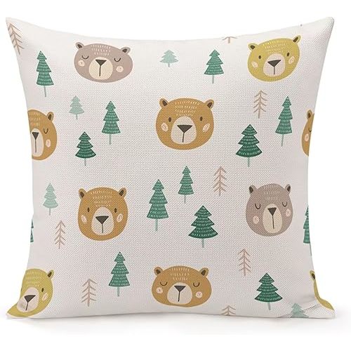 Throw Pillow Cover 16x16 Inch,Bear Graphic Woodland Cute Throw Pillow Case,Home Decor Cushion Covers for Sofa Living Room Couch Bed