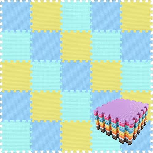 qqpp EVA Rubber 18 Tiles Interlocking Puzzle Foam Floor Mats - Baby Play Mat for Playing | Exercise Mat for Home Workout. Yellow, Blue, Green. QC-EGHb18N