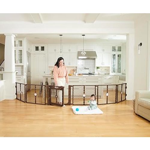 Regalo Safety 192" Super Wide 6-Panel Baby Gate & Play Yard, Plastic 2-in-1 Adjustable Safety Gate with Door, Wall Mounted Room Divider, Includes Wall Mount Kit, Brown
