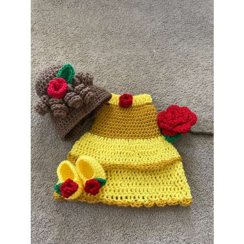 Princess Belle Beauty and the Beast Inspired Costume/Crochet Princess Belle Dress/Princess Photo Prop Newborn to 18 Months- MADE TO ORDER