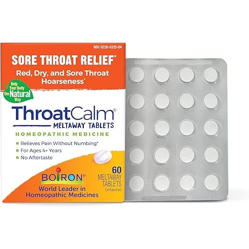 Boiron ThroatCalm Tablets for Pain Relief from Red, Dry, Scratchy, Sore Throats and Hoarseness - 60 Count