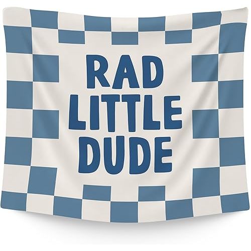 WAITPI Rad little dude Hanging Wall Tapestry for Boys Kids Bedroom, Blue Checkered Wall Hanging Room Decor Tapestries for Toddler Boys Kids Room Dorm Playroom Nursery Classroom 50x60 in