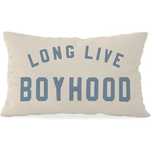 Boy Nursery Decor Pillow Cover 12x20, Long Live Boyhood Lumbar Pillow Covers, Trendy Blue Decor for Toddler Boys Bedroom Playroom Nursery