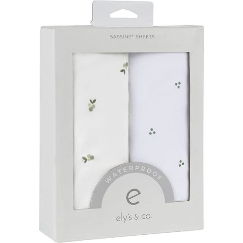 Ely's & Co. Patent Pending Waterproof Bassinet Sheets, 100% Cotton with Waterproof Lining, Built in Bassinet Mattress Protector – 2 Pack Fitted Sheet Set, Berry and Cluster Dot (Sage) 32” x 16”