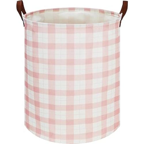 CLOCOR Kids Laundry Basket,Waterproof Baby Boys Nursery Hamper,Collapsible Fabric Storage Container,Toys Bin,Room Decor,Gift Basket（Pink Grid