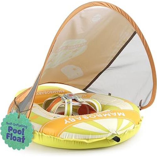 MAMBOBABYFLOAT Light Traveler 2025 — Safe, Comfortable, Adjustable Baby Pool Float with Canopy — Sun Protection, Self-Inflating, 5-Way Buckle System (Hot Air Balloon, Green)