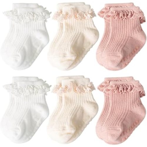 AQOKKA Baby Girl Toddlers Socks with Non-slip Grip Cute Frilly Ruffle Ankle Soft Cotton Newborn Baby Socks for Infant Kids