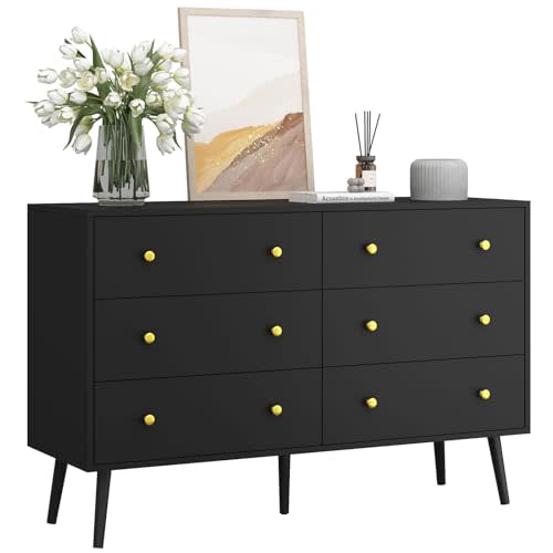 BAZELOR Dresser for Bedroom with 6 Drawers, Double Wood Dresser with Gold Handles, Modern Mid Century Chest of Drawers for Living Room, Hallway, Black