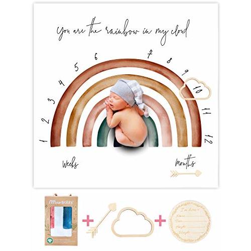 100% Organic Cotton Muslin Monthly Baby Milestone Blanket with Wooden Hello World Newborn Sign, Newborn Photography Props, Birth Announcement Sign, Rainbow