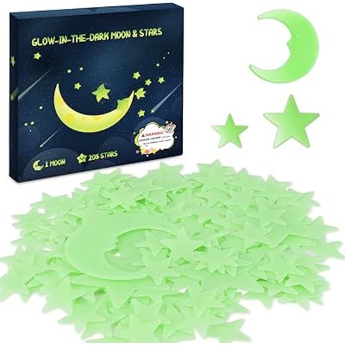 Glow in The Dark Stars for Ceiling - 205PCS Stars & 1 Moon for Kids Bedroom, Baby Room Nursery - Safe, Removable & Reusable