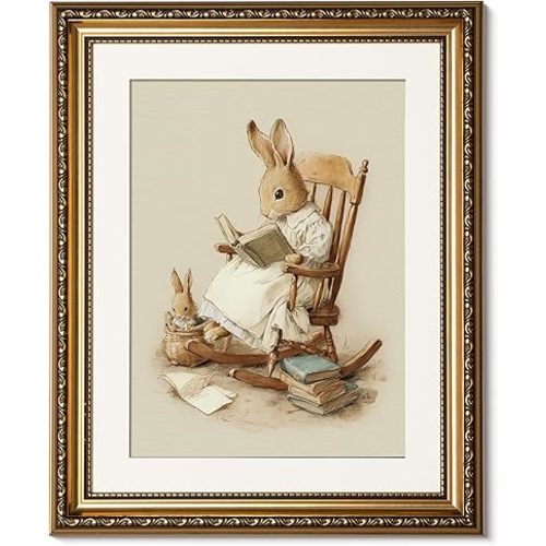ARPEOTCY Vintage Gold Framed Wall Art, Easter Rabbit Reading Paintings, Canvas Prints Artwork with Antique Frame, Victorian Wall Picture Decor for Nursery Gallery Living Room, 13x16 inch