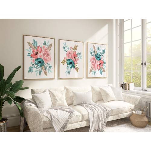 Coral Teal Flower Wall Art - Framed Boho Flower Nursery Art Print - Cute Coral Teal Floral Girl Wall Decor - Coral Flower Canvas Sets of 3