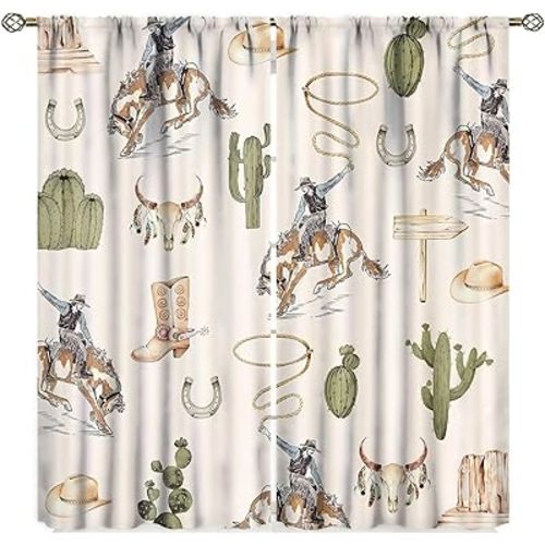 Vintage West Cowboy Window Curtains ,Rustic Wild West Cowboy Ride Horse and Desert Cactus Window Treatments for Bedroom Living Room 42x45in Decor