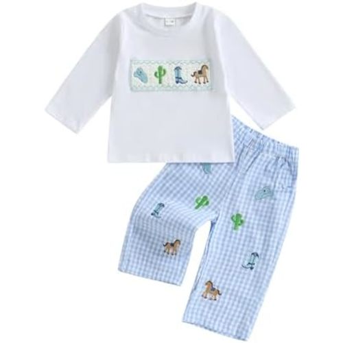 Toddler Baby Boy Fall Outfit Western Smocked Long Sleeve Embroidery Tops Plaid Pants Casual 2Pcs Clothes Sets