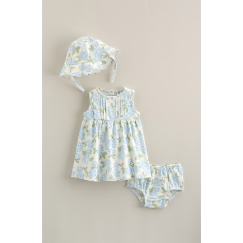 Pintuck Ruffle Cotton Dress, Hat & Bloomers Set, 9M