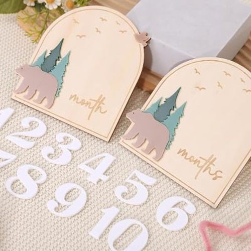 Wooden Baby Monthly Milestone Board with Numbers Set - Bear Forest Theme Newborn Photo Prop, Camper 1-12 Month Milestone Sign, Nursery Decor