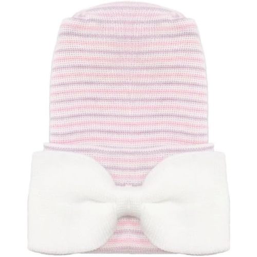 Nurses Choice Newborn Baby Girl Bow Hospital Hat – Soft 2‑Ply Infant Beanie for Newborn Photos & Coming Home Outfits - Lavender & White