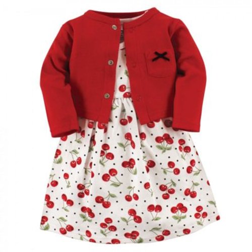 Hudson Baby Infant and Toddler Girl Cotton Dress and Cardigan 2pc Set, Cherries, 9-12 Months