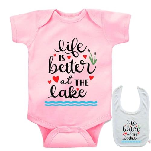 SHIRTZIE DESIGNS Life is Better at the Lake -Cute Funny newborn Baby Bodysuit Outfit Onesie & Bib