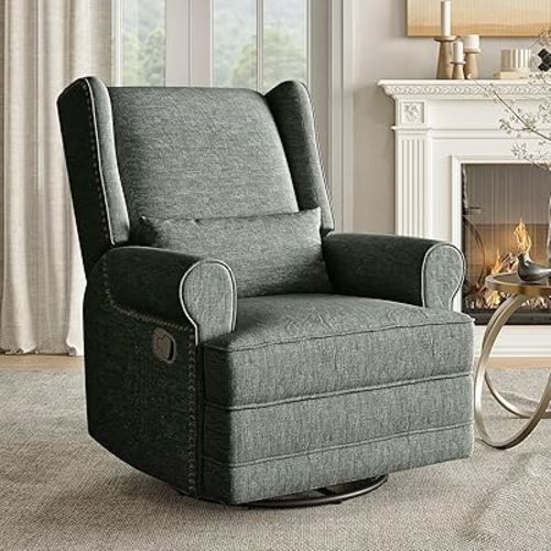 RoyalCraft Swivel Recliner Chair, Comfy Glider Rocking Chairs with Lumbar Pillow and Footrest, Upholstered Swivel Rocking Chair for Bedroom, Dark Green