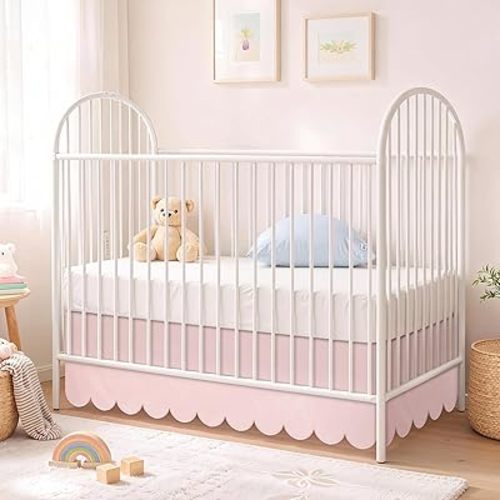 Hahafelt Pink Scalloped Edge Crib Skirt 28"x 52" with 14" Drop Pleated Dust Ruffle with Split Corners for Baby Boys Girls, Soft 4-Sided Crib Bed Skirt Nursery Standard Toddler Bedding