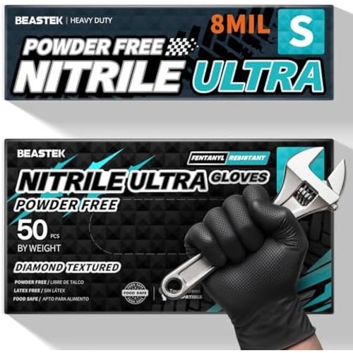Beastek Nitrile Disposable Gloves, 8Mil Latex & Powder Free Chemical Resistant Heavy Duty Food Safe Diamond Glove Black 50Pcs