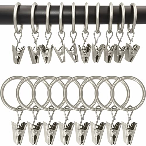 WeeksEight 100 Pack Matte Silver Curtain Rings with Clips, Curtain Hooks Hangers Clip Rings for Hanging Drapes Bows Hat, Drapery Rings 1 in I D, Fits up to 5/8 in Diameter Curtain Rod.