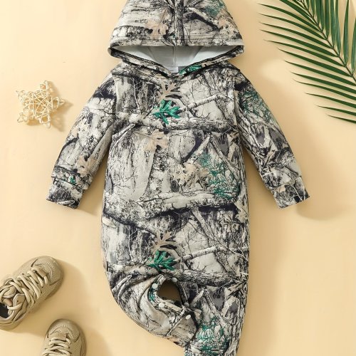 Infant's 3D Branches Pattern Hooded Bodysuit, Casual Long Sleeve Onesie, Baby Boy's Outdoor Clothing