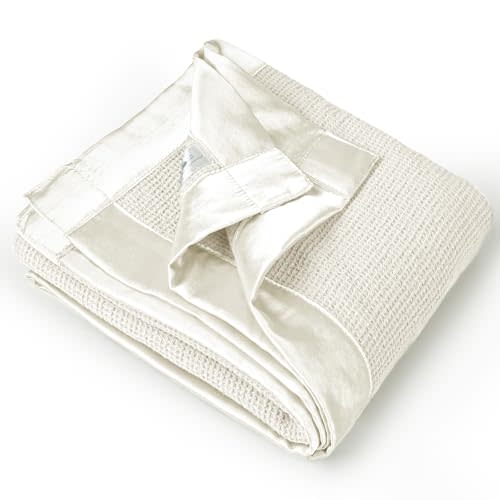 Lulu moon Swaddle Baby Blanket: Waffle Blanket with Satin Trim - Soft Breathable Toddler Blanket Perfect for Nursing Cover and Playtime - Cotton Crib Blanket for Daytime Naps 40"x36"(Cream)