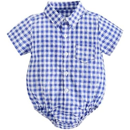 Baby Plaid Romper Short Sleeve Lapel Newborn Boys Button Down Onesie Pockets Shirt Jumpsuit Casual Soft
