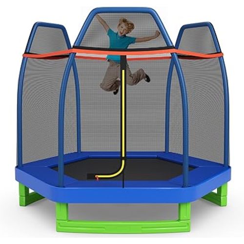 GYMAX Trampoline for Kids, 7FT Toddler Trampoline with Safety Enclosure Net & Seamless Spring Pad, Heavy Duty Small Indoor/Outdoor Trampoline for Boys, Girls Age 3+