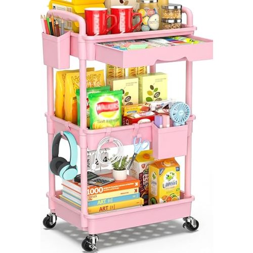 SUNALLY 3 Tier Rolling Cart with Drawer, Bathroom Storage Organizer with 2 Lockable Wheels, Multifunctional Rolling Storage Cart for Bathroom, Kitchen, Office, Craft, Makeup, Baby Essentials, Pink