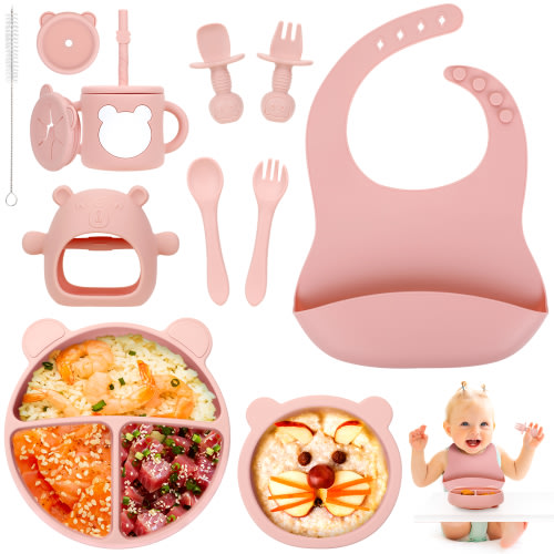 PERRYHOME Silicone Baby Feeding Set, 12pcs Safe Baby Led Weaning Supplies for Toddlers, Baby Plates and Bowl Set, Baby Spoon and Baby Bib, Baby Feeding Essentials(Pink)