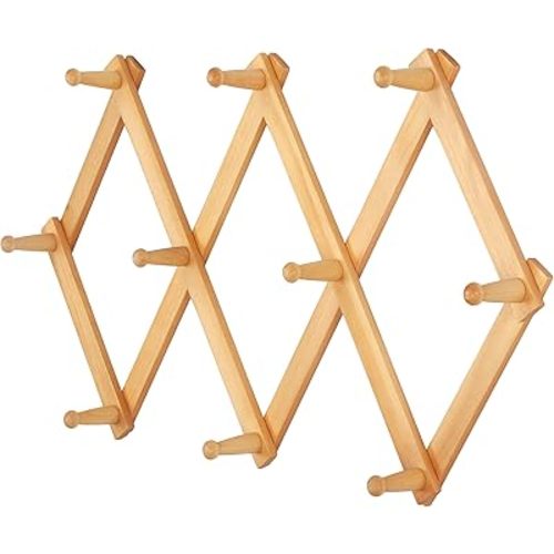 Dseap Accordian Wall Hanger: 16” High Wooden Wall Expandable Coat Rack, Hat Rack Holder, Accordion Hook for Baseball Caps, Coats, Mugs, 10 Peg Hooks, Natural